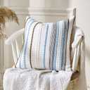Coastal Blue Boho Throw Pillow Covers 18x18 Inch Farmhouse Decorative Striped Cushion Cases Accent Pillows Square Rustic Textured Woven Neutral Pillowcase for Sofa Couch Bed Living Room,Pack of 1