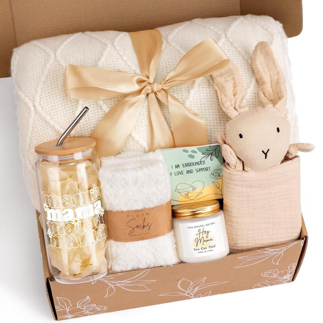 Mother's Day Gifts for Mom, New Mom Care Package After Baby, Baby Shower Gifts for Mom to Be, Pregnancy Gifts for Expecting Mother, Unique 16OZ Mama Glass Cup Knitted Blanket Gift Baskets for Women