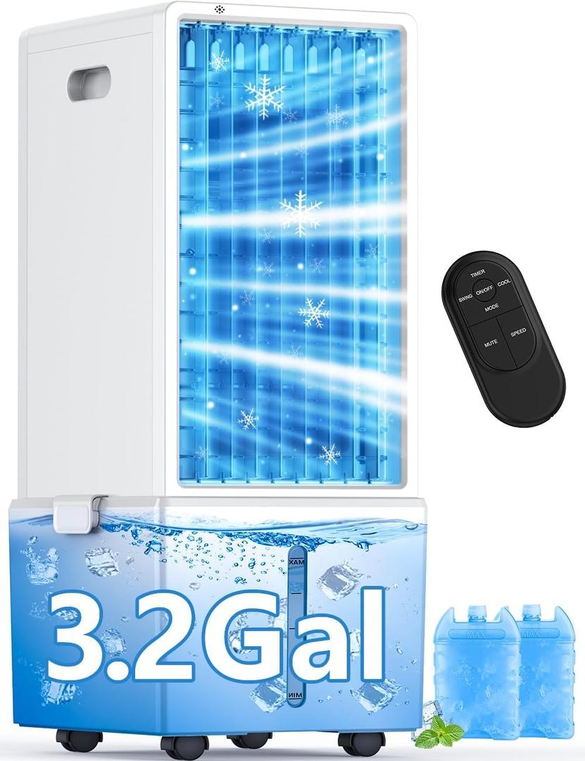 4-IN-1 Windowless Air Conditioner Portable w/3.2-Gal Tank for 30H Cooling, 4 Speeds &4 Modes, Waterless Alert System Swamp Cooler, LED Touch & Remote,12H Timer, Evaporative Air Cooler for Room