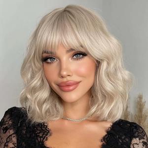 Blonde Wig with Bangs Short Blonde Bob Wigs for Women 14 Inch Platinum Blonde Curly Wig Wavy Synthetic Wigs Shoulder Length Natural Cosplay Wigs for Girl Daily Halloween Party Costume Wig