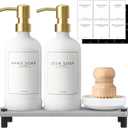 Kitchen Soap Dispenser Set with Instant Dry Tray,16 Oz Hand and Dish Soap White Glass Dispenser Set,Stainless Steel Pump,Waterproof Labels&Dish Brush,Luxury Soap Bottle for Kitchen,Bathroom