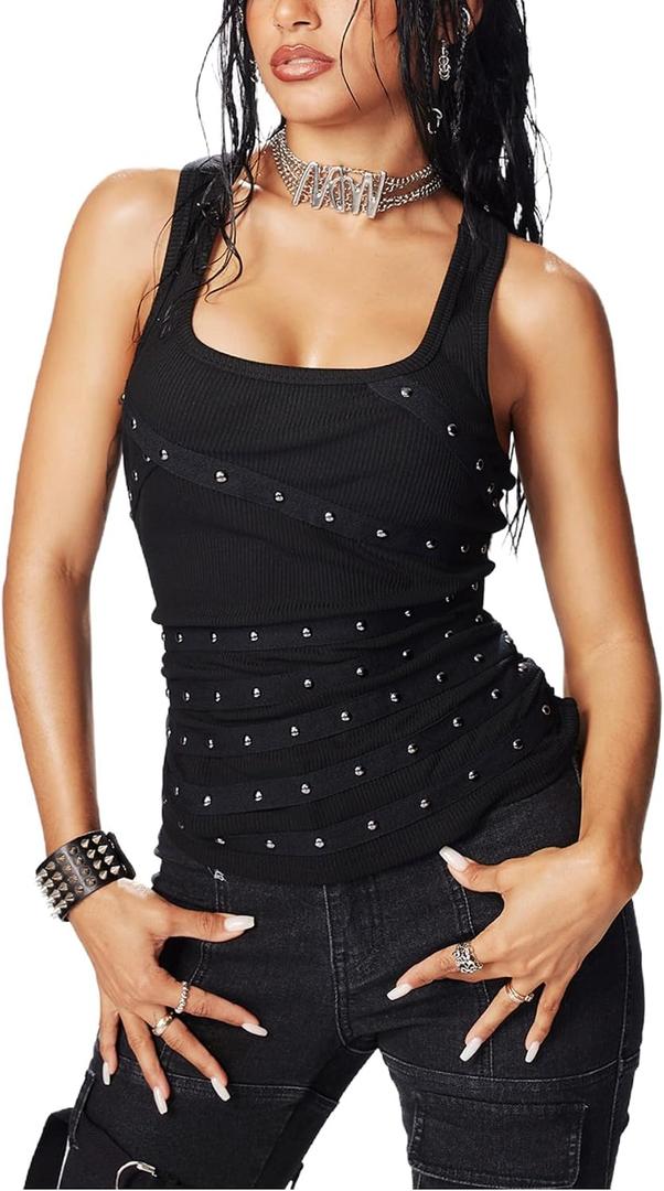 Floerns Women's Y2k Punk Studded Streetwear Tank Top Ripped Fitted Scoop Neck Grunge Vest Going Out Rock Concert Outfits (Black, XS)