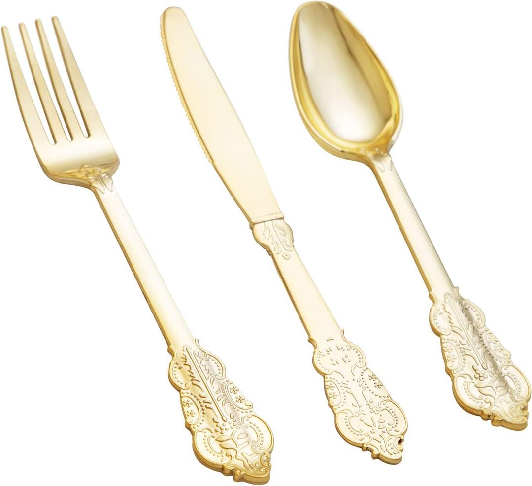 BUCLA 600 Pieces Gold Plastic Silverware - Plastic Gold Utensils - Heavyweight Disposable Cutlery - 200 Forks, 200 Spoons, 200 Knives for Party & Wedding (7.4inch-Silverware Set)