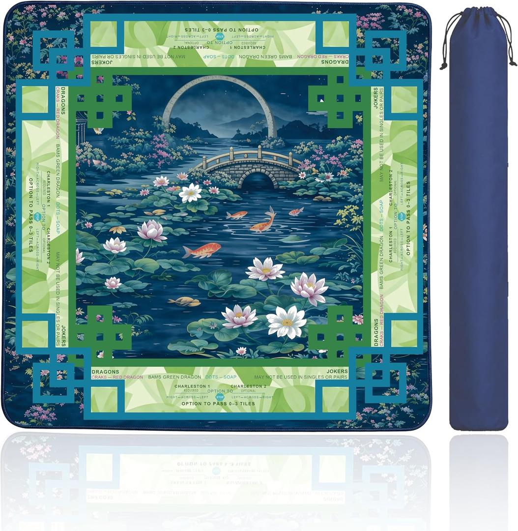 American Mahjong Mat with Rules, 33 x 33 Inch Chinoiserie Koi Pond Mahjong Table Cover, Non-Slip Rubber Game Mat with Carrying Bag