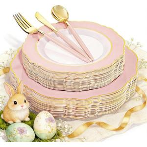 WDF 30Guest Pink Plates Disposable - Hign-end Baroque Design - Gold Plastic Silverware with Handle-Baroque Pink &Gold Plastic Dinnerware for Baby Shower Wedding Spring Easter