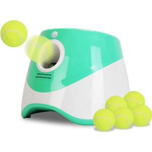 Dog Ball Thrower Launcher, Automatic Ball Launcher with 6 Tennis Balls for Small Medium Dogs, 3 Adjustable Distance Settings, Rechargeable Dog Toy Mental Stimulation Training Game for Energetic Dogs