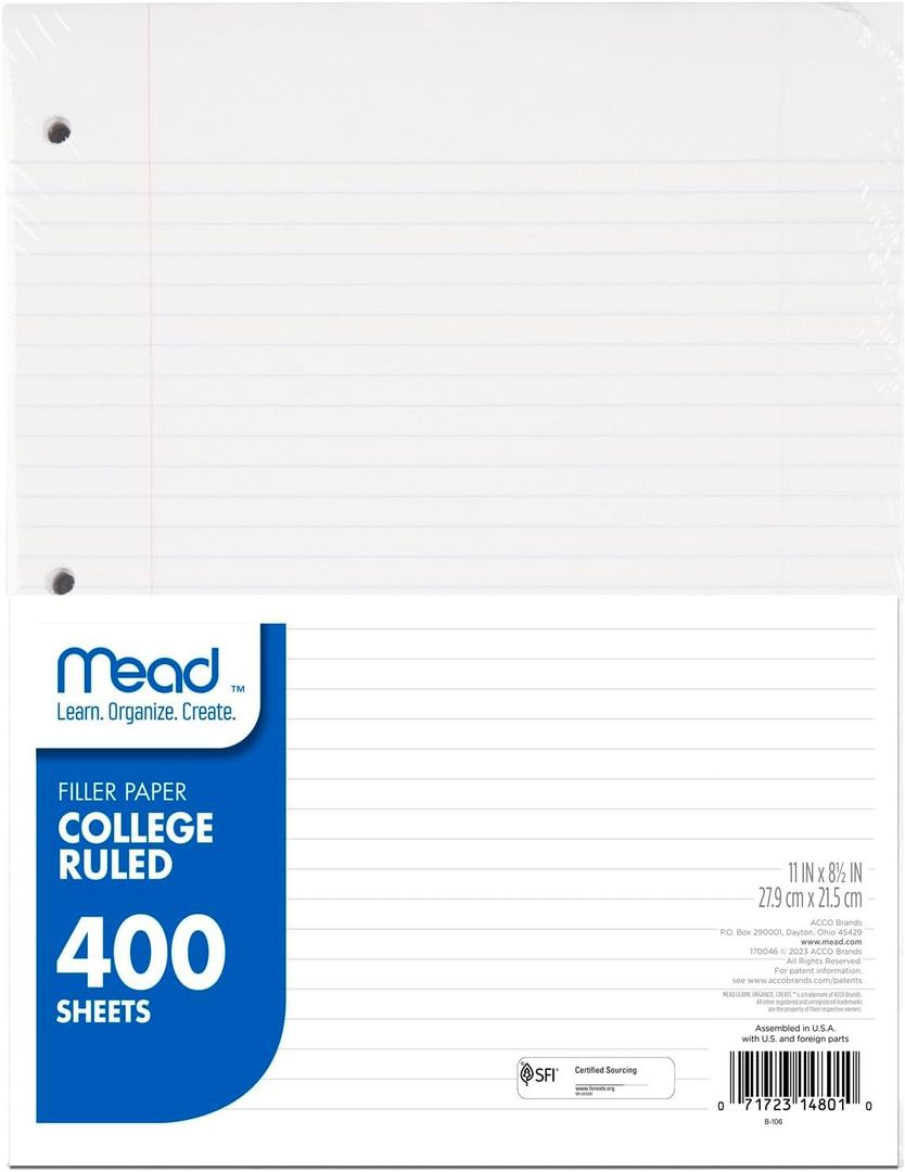 Mead Loose Leaf Paper, College Ruled Filler Notebook Paper, 8-1/2" x 11", 400 Sheets, Fits 3-Ring Binder (170046-ECM)