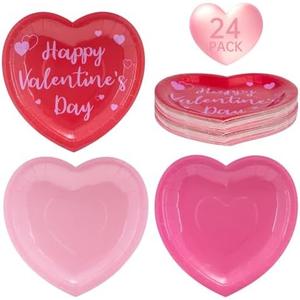 Pack of 2 24 Pcs Happy Valentine's Day Plates - Red Pink Heart Shaped Paper Plates, Disposable Love Heart Dinner Dessert Plate Tableware for Valentines Day Anniversary Wedding Party Supplies, 7.5 x 7.5 Inch