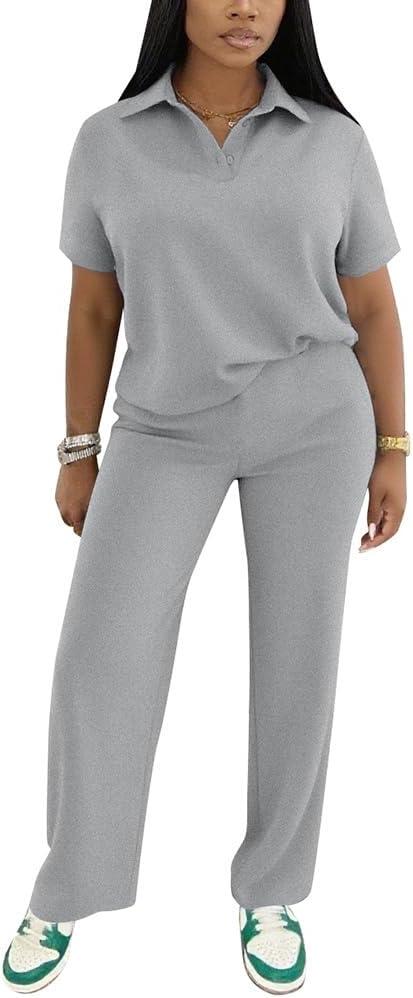 PINSV Women's 2 Piece Outfits Short Sleeve Polo Shirt Wide Leg Pants Tracksuit Lounge Sets L