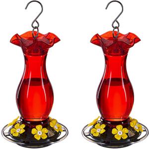 Jealoeur Hummingbird Feeder for Outdoors Hanging, 18 OZ Humming Birds Feeders with 6 Bee Guard Feeding Ports & Built-in Ant Moat, Easy to Clean, Durable Outdoor Garden Decor (Red 2 Pack-CC)