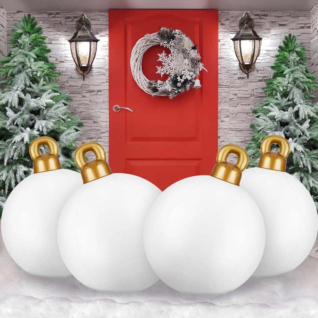 Jetec 4 Pcs Giant Inflatable Christmas Ball Large Xmas Inflatable Ornaments PVC Outdoor Holiday Blow Ball Outside Yard Lawn Porch Decorations (Solid, White)