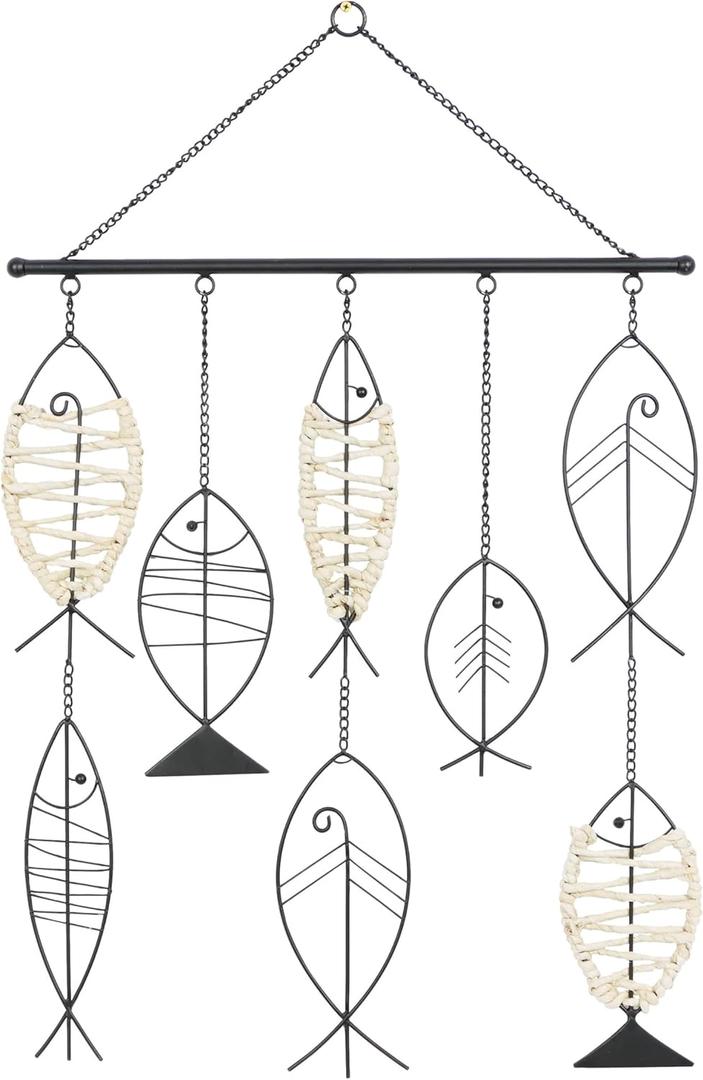 Deco 79 Metal Fish Home Wall Decor Indoor Outdoor Wire Wall Sculpture with Rattan Accents, Wall Art 21" x 1" x 31", Black
