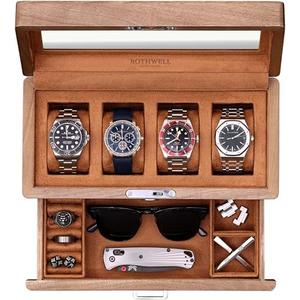 ROTHWELL 4-Slot Solid Walnut Watch Box with Valet Drawer - Premium Jewelry Display Case Organizer with Locking Glass Top and Microsuede Liner for Men & Women (Tan Interior)