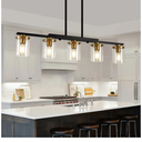 36.2inch 5-Light Kitchen Island Lighting,Dining Room Lights Modern Farmhouse Chandelier with Clear Glass Shade,Modern Rustic Black and Gold Metal Chandelier, Kitchen Pendant Light Fixtures