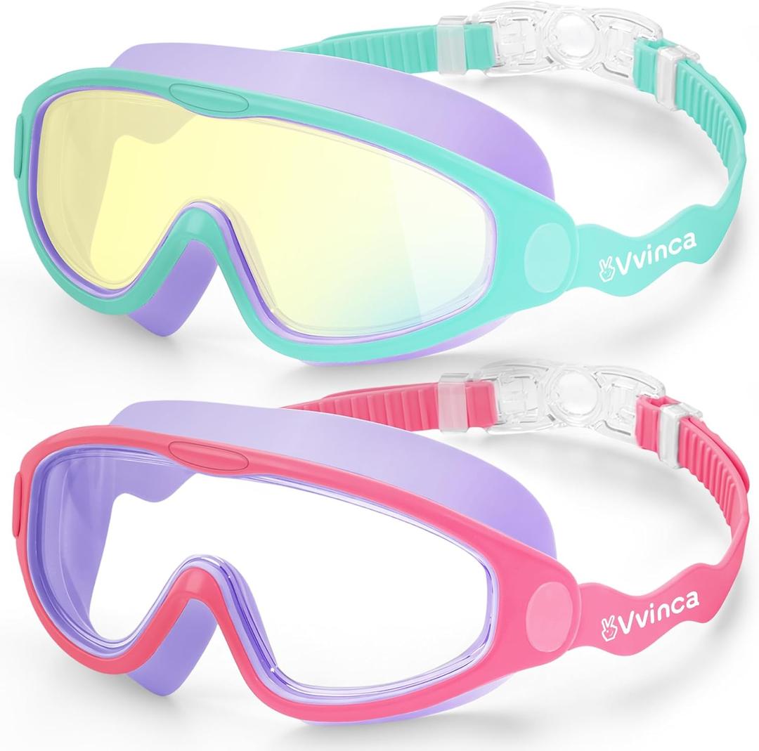 Vvinca Kids Swim Goggles for Boys Girls Age 3-15, Soft Wave-Shape Strap (No Hair Pulling), 180° Wide View Anti Fog/ UV Waterproof Swimming Goggles, Leak Free Silicone Pool Goggle for Toddler Youth