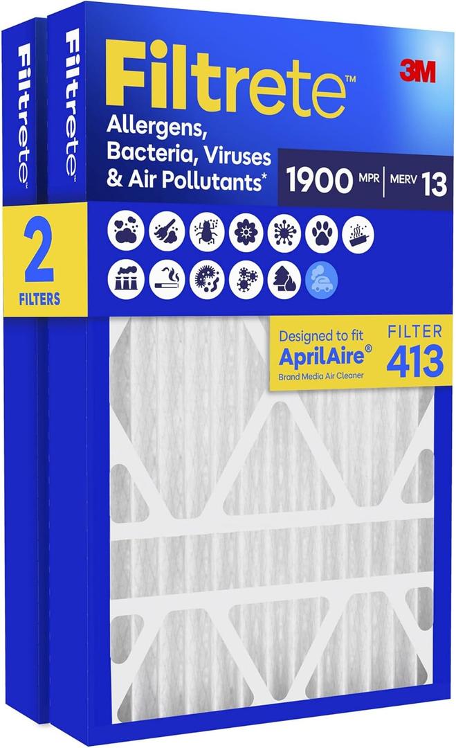 Filtrete 16x25x4 Air Filter, Replaces AprilAire 413 Filters, MERV 13, MPR 1900, Allergens, Bacteria, Viruses & Air Pollutants, 12-Month AC/Furnace Filter, Cleaner Air, Reliable Airflow, 2 HVAC Filters