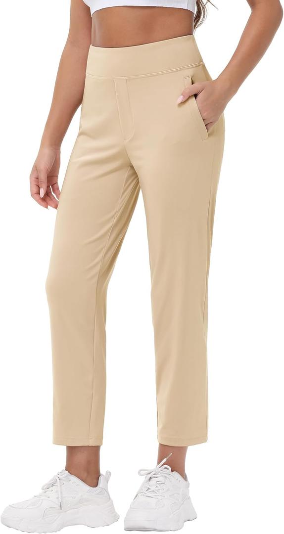 25"/27" Womens Golf Pants Stretch Travel Ankle Cropped Pant High Waist with Zipper Pockets 7/8 Work Business Casual (X-Small, Khaki)
