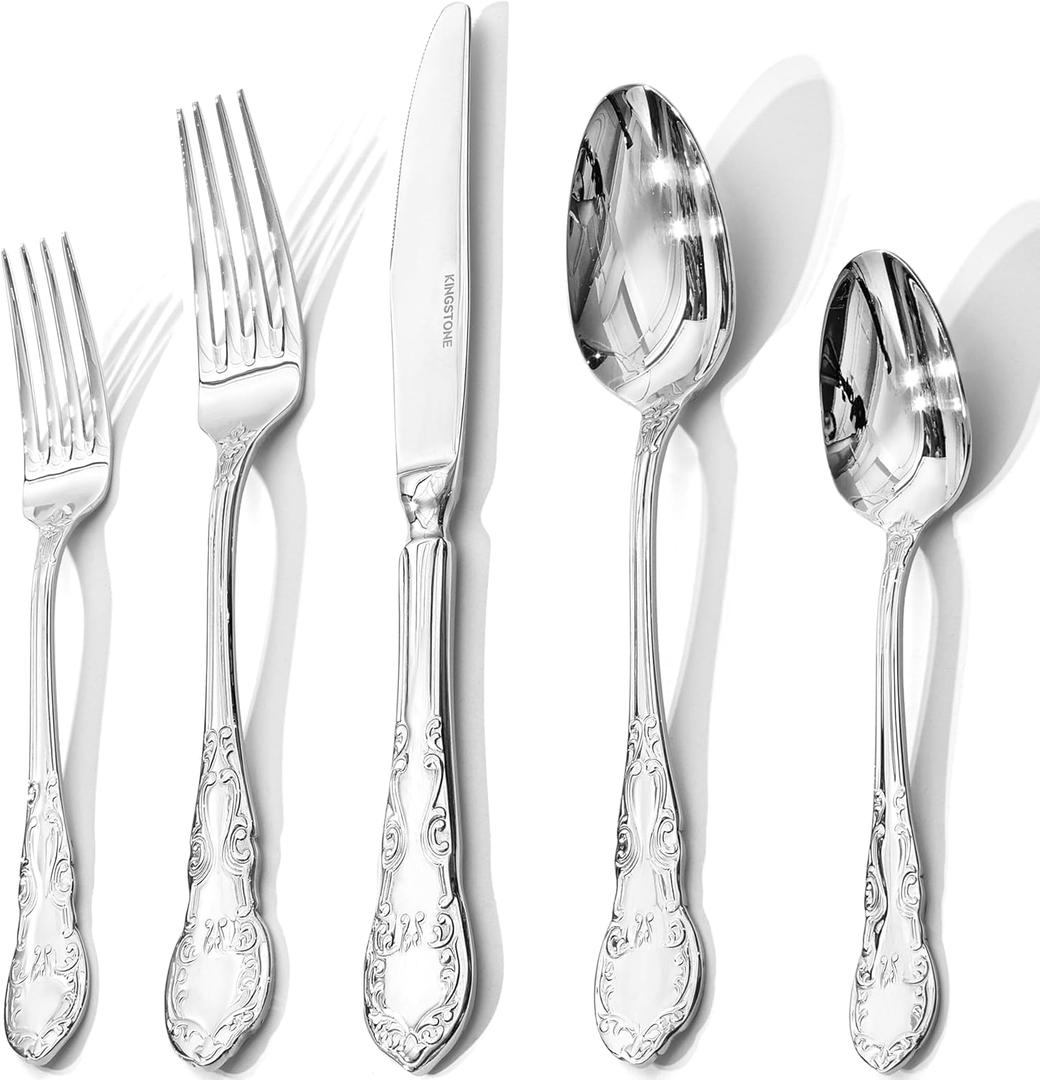 KINGSTONE Vintage Silverware Set, 30-Piece 18/10 Stainless Steel Retro Royal Flatware Cutlery Set for 6 with Carved Thick Handles, Tableware Utensils for Home, Party, Restaurant, Wedding, Dishwasher Safe