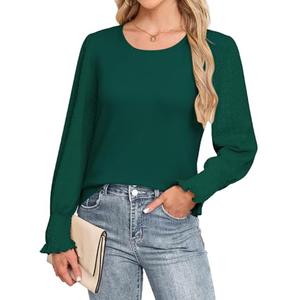 Kopinma Blouses for Women Casual Puff Long Sleeve Shirts Crew Neck Blouses Knite Textured Smocked Cuffs Tunic Top Green XL