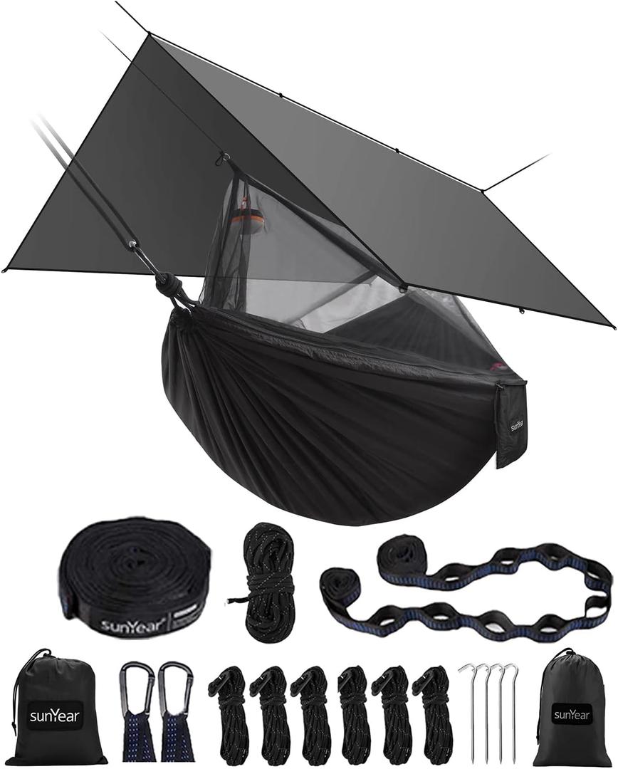 Sunyear Hammock Camping with Rain Fly Tarp and Net, Portable Camping Hammock Double Tree Hammock Outdoor Indoor Backpacking Travel & Survival, 2 Tree Straps,100% Waterproof (Black Bundle)