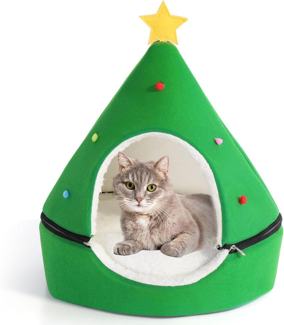 Green Christmas Tree Cat House - 2 in 1 Foldable Cat Bed Tent with Self Warming Feature