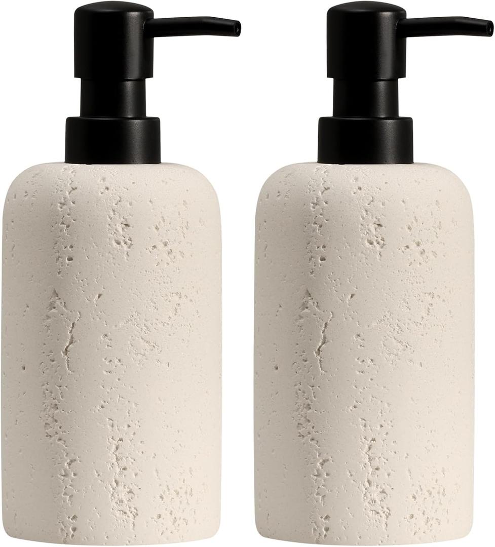 Soap Dispensers 340mL 11 OZ, 2 PCS Luxurious Hand Dish Lotion Shampoo Soap Dispenser Jar, Travertine Soap Bottles Rustproof Pump for Kitchen Bathroom Countertop (Cream)