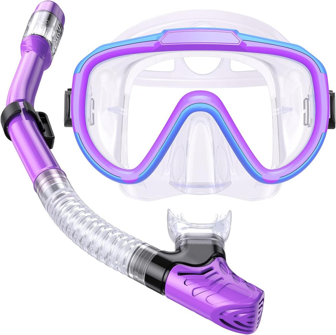 Kids Snorkel Set, Anti-Fog Panoramic Tempered Glass Kids Snorkel mask, Anti-Leak Scuba Diving Mask with Mesh Bag, Dry Top Snorkeling Gear for Kids and Youth Age 4-16 (Blue+Purple+Transparent)
