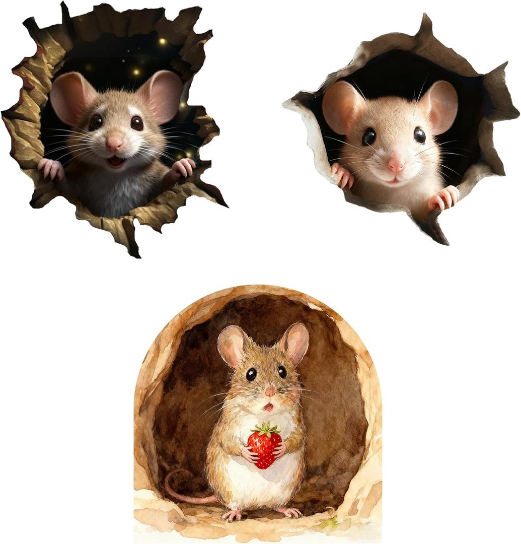 2 x 3D Funny Mouse Hole Realistic Wall Decal Peel and Stick, Sticker with 3D Effect, Funny Wall Stickers for Bedroom, Door Corner or Baseboard Decor (Set of 3)