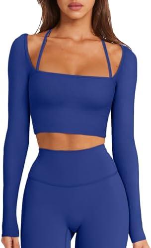 LASLULU Womens Sexy Square Neck Crop Top Ribbed Seamless Long Sleeve Workout Tops Halter Neck Athletic Yoga Dirty, Size Small