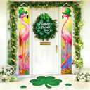2 x 12x71 Inch St Patricks Day Flamingo Door Banners Pink Bird Porch Signs with Clover and Rainbow Holiday Entryway Decoration for Indoor Outdoor Front Door Seasonal Hanging Couplets
