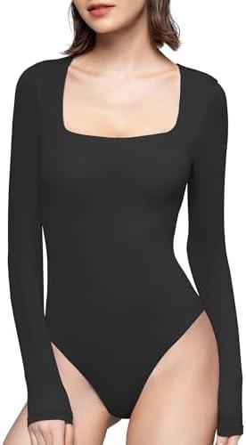 PUMIEY Long Sleeve Bodysuits for Women Sexy Body Suit Shirts Square Neck Going Out Tops, Jet Black (Large)
