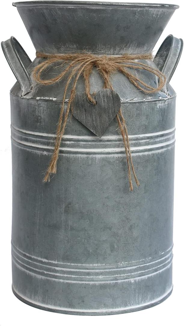 Vintage Galvanized Metal Milk Can, Farmhouse Decorative Flower Vase, Rustic French Country Milk Jug for Home Decor,10.6''H