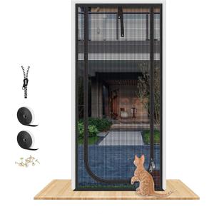QWR Reinforced Cat Screen Door,Fits Door Opening Size 32''x 80'',Thickened Cat Proof Screen Door Mesh with Zipper Closure for Living Room,Kitchen,Bedroom (U-Type,Black)