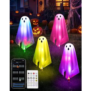 4Packs Halloween Decorations Outdoor Ghost Pathway Lights,Light Up Ghost Decor with APP Control&Remote, Color Changing, DIY Lights, Dimming, Music Synic, Halloween Pathway Light for Porch Yard Garden