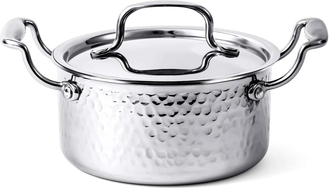 WANGYUANJI 1.8QT Small Stainless Steel Stock Pot with Lid, Hammered Soup Pot for Boiling Milk & Ramen, Induction Compatible Saucepan with Double Handles, Mini Casserole for Serving, Oven Safe Silver