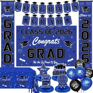 Graduation Decorations Blue and White 2026, Class of 2026 Graduation Party Decorations Set with Backdrop, Tablecloth, Congrats Grad Banner, Porch Banners, Centerpieces & Balloons
