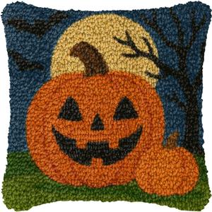 LAPATAIN Latch Hook Kits for Adults,Halloween Pumpkin Pattern Color Printed Canvas DIY Throw Pillow Cover,Beginners Handmade Needlework Crafts Home Decoration 17x17inch NP1