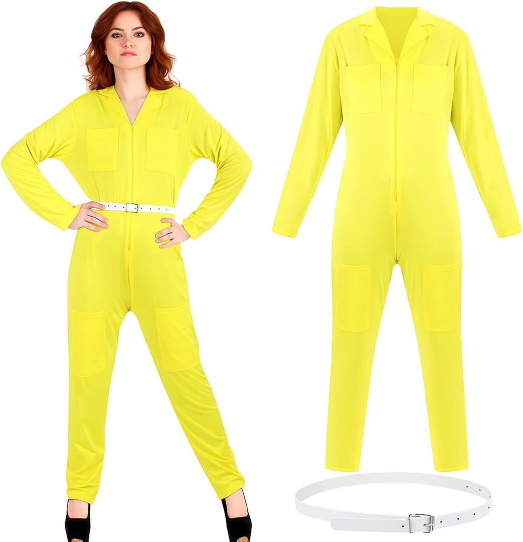 Ramede 2 Pcs Vintage Yellow Costume & Belt Set 90s Reporter TV Journalist Outfit for Halloween Retro Cosplay Costume