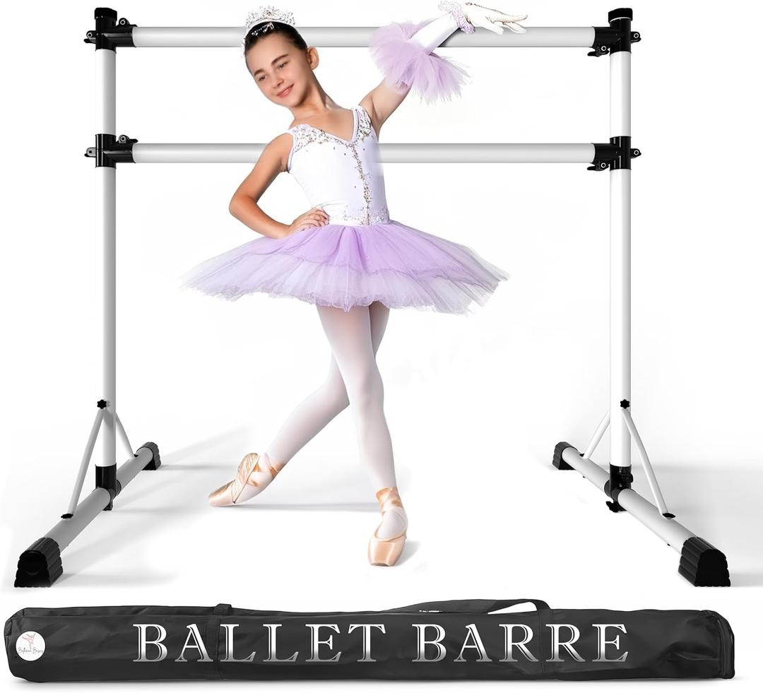 New & Improved 4 Ft Steel Double Ballet Barre with Carry Bag and Beginner Guide, Adjustable & Portable Ballet Barre for Home and Gym, Quality Ballet bar Anti-Wobble, Stretching Dance bar (White)