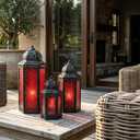 VELA LANTERNS Set of 3 Red Glass & Black Metal Moroccan Candle Lantern Holders (XL, Large, Small) - Decorative Indoor/Outdoor Decor for Patio, Floor, Weddings & Ramadan
