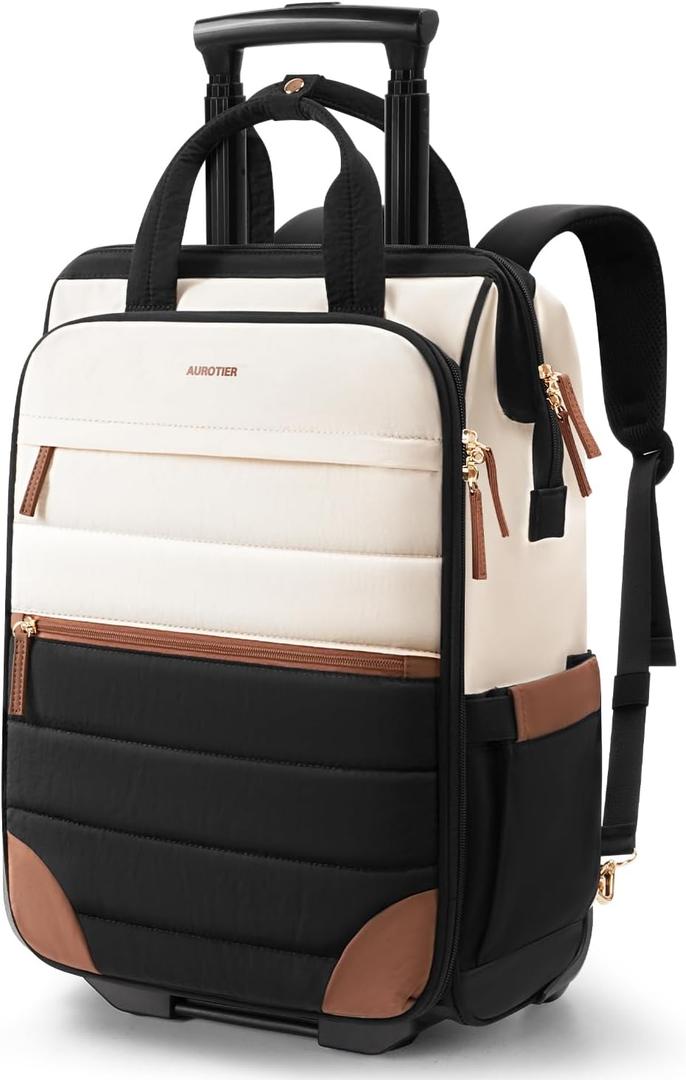 Rolling Puffer Backpack for Women, Travel Backpack with Wheels, 16 Inch Wheeled Laptop Backpck, Dual-Opening Design Overnight College Underseat Carry on Luggage, Roller Business Work Bag, Beige Brown, Large