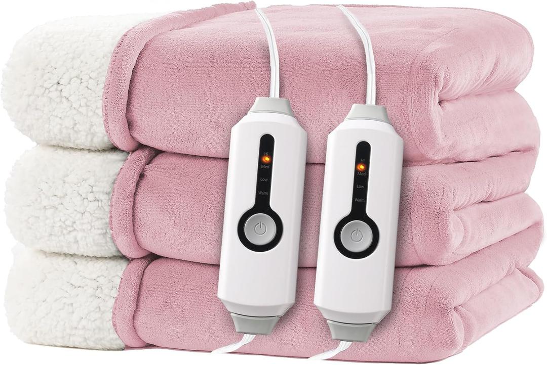 Electric Heated Blanket Queen Size 84"x90" - Dual-Sided with Microplush & Sherpa Fabric, 4 Heat Settings & 10 Hours Auto Off, Dual Controller, Machine Washable - Light Pink