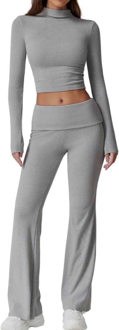 QINSEN Womens 2 Piece Lounge Sets Mock Neck Long Sleeve Tops with Side Ruched Fold Over Flare Pants Comfy Tracksuits (Medium, Grey)