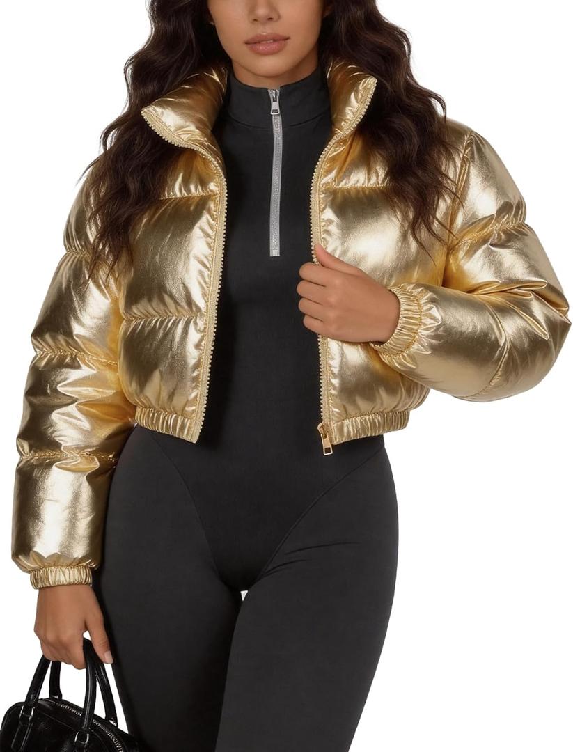 COZYPOIN Women's Metallic Shiny Cropped Puffer Jacket Long Sleeve y2k Zip Up Padded Down Short Coat Outerwear (Medium, Gold)