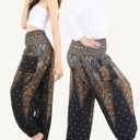 Boho Pants 2-Pocket Flowy Harem Pants Women for Yoga Travel Hippie Clothes (Black) Large