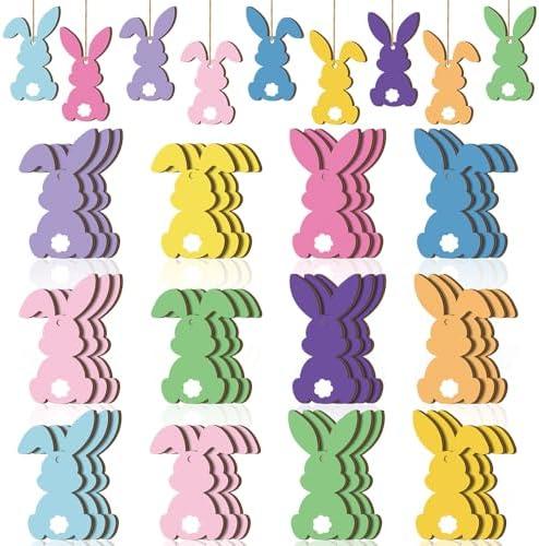 Barydat 36 Pcs Easter Bunny Tree Ornaments Easter Wooden Hanging Decor 12 Color Rabbit Embellishments for Tree Wood Bunny Tags Rabbit Shape Cutouts with String for Party Wall Gift