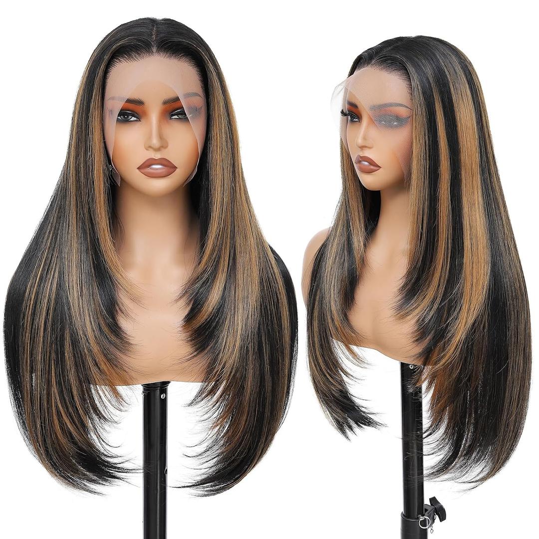 Synthetic Lace Front Wig 13x4 HD Lace Layered Hairstyle Pre Plucked Hairline Straight Long Black Glueless Wigs for Black Women 26 Inch Beginner Friendly