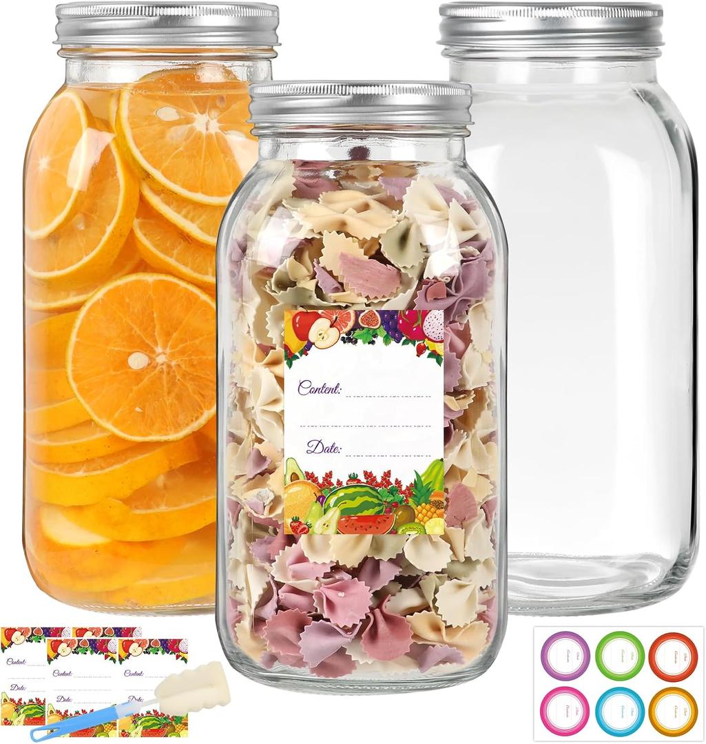 Wide Mouth Mason Jars 2Pack - Half Gallon Glass Jars with Airtight Metal Lids & Bands for Canning, Pickling, Fermenting, Meal Prep, and Food Storage, set of 2, 64 fl oz and 32 fl oz 