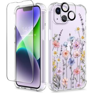 GVIEWIN for iPhone 14 Case Floral, with Screen Protector + Camera Lens Protector,[Non Yellowing] Soft Shockproof Clear Phone Protective Cover for Women, Flower Pattern Design 6.1"(Mallow/Colorful)