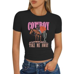 Rock Band Shirts Women: Crop Country Music T-Shirt Funny Cowboy Graphic Tees Crop Tops Fashion Y2k Clothes (L)